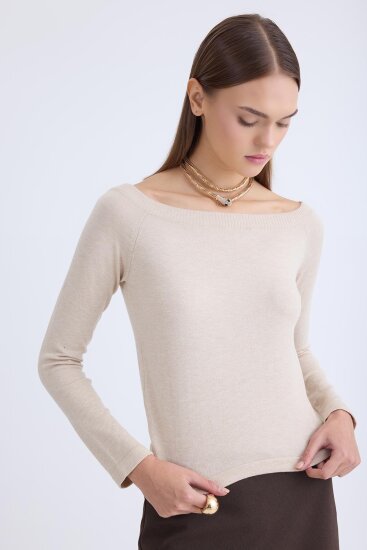 Kayık Yaka Uzun Kol Triko Bluz - 11