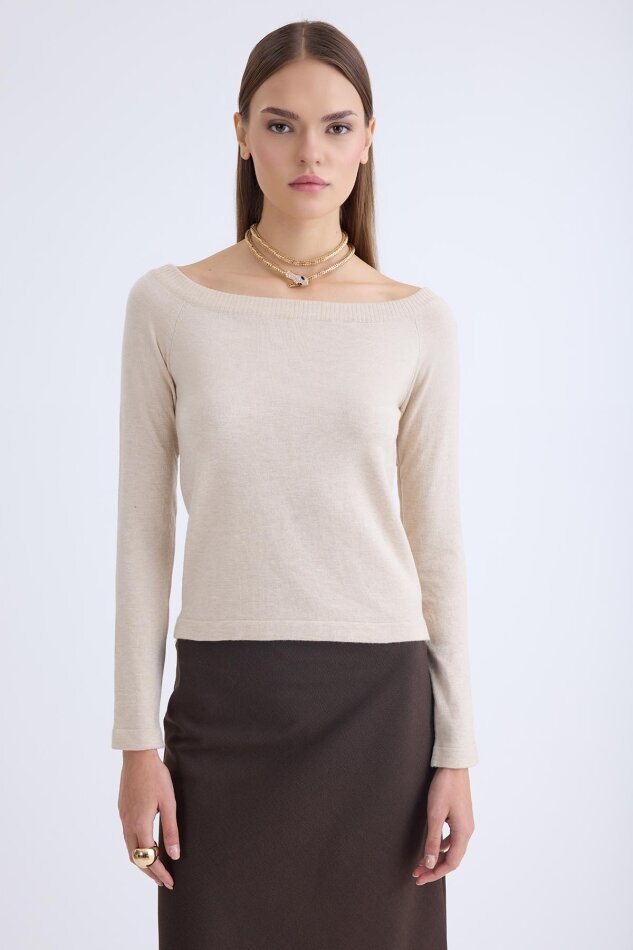 Kayık Yaka Uzun Kol Triko Bluz - 15