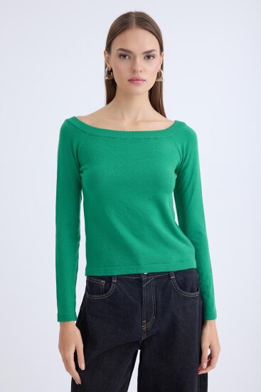 Kayık Yaka Uzun Kol Triko Bluz - 16