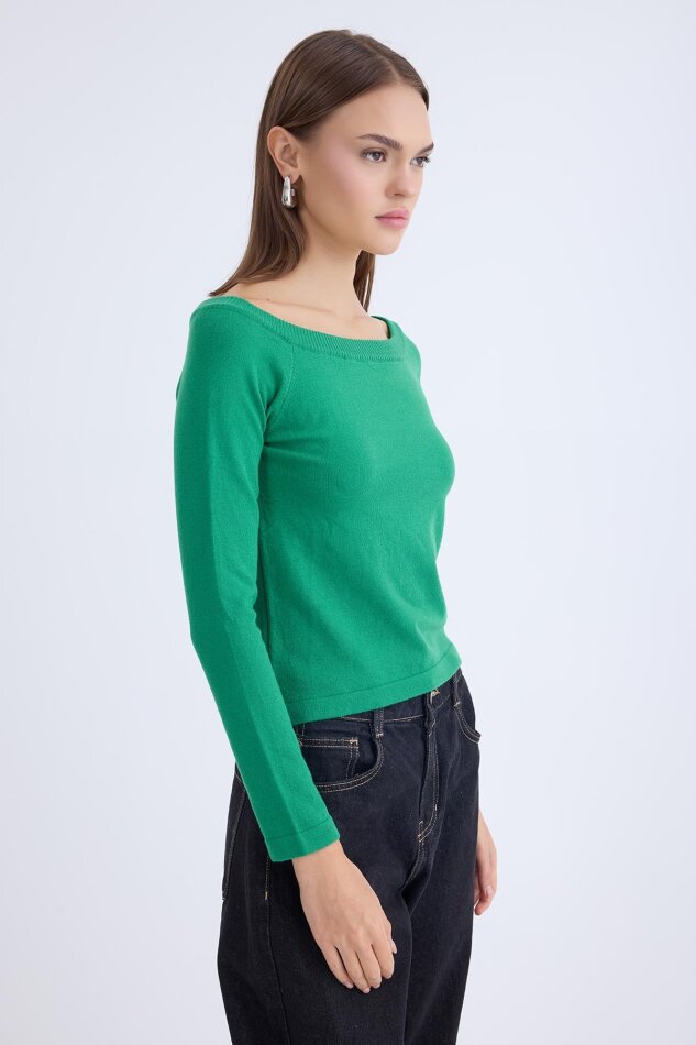 Kayık Yaka Uzun Kol Triko Bluz - 17