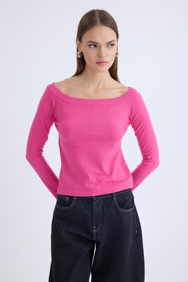 Kayık Yaka Uzun Kol Triko Bluz - 27