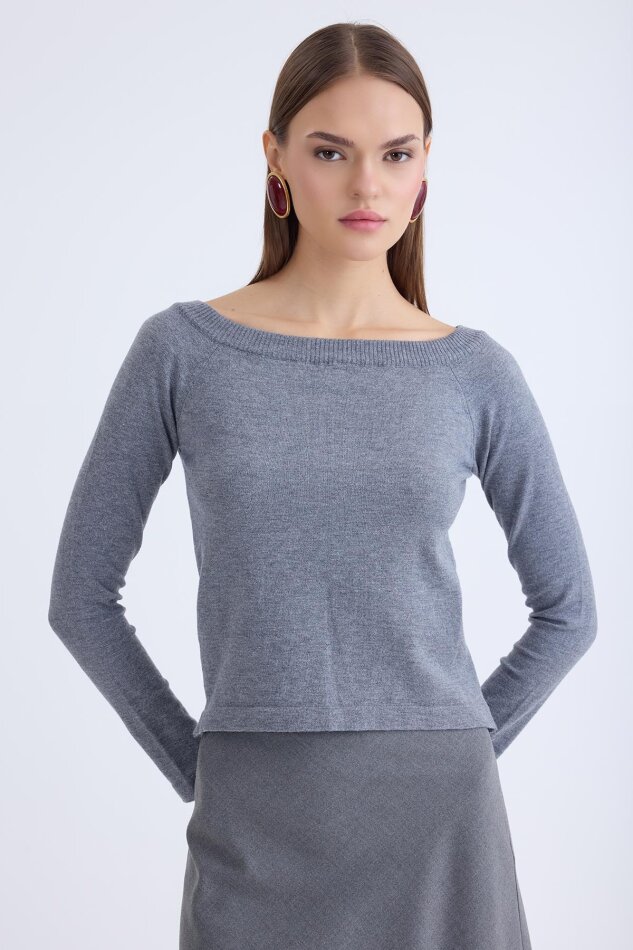 Kayık Yaka Uzun Kol Triko Bluz - 32