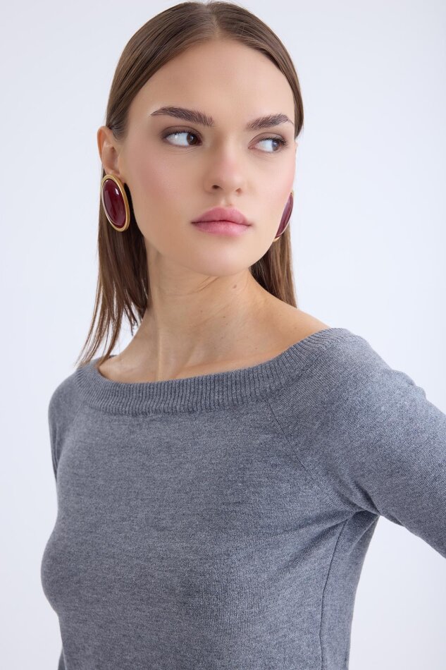 Kayık Yaka Uzun Kol Triko Bluz - 34