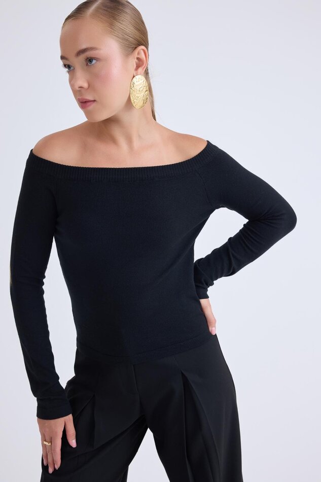 Kayık Yaka Uzun Kol Triko Bluz - 5