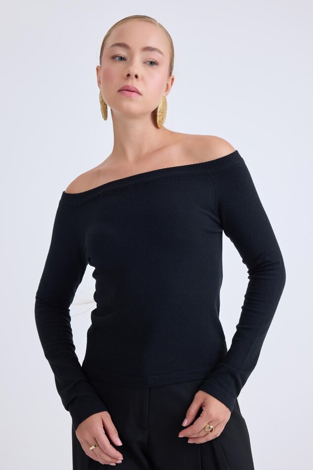 Kayık Yaka Uzun Kol Triko Bluz - 7