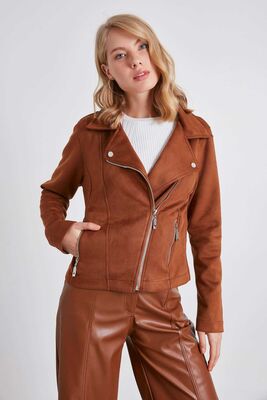 Kelebek Yaka Suni Süet Biker Ceket - Thumbnail (22)