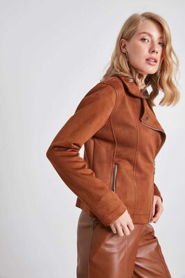 Kelebek Yaka Suni Süet Biker Ceket - Thumbnail (25)