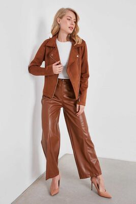 Kelebek Yaka Suni Süet Biker Ceket - Thumbnail (26)