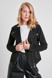Kelebek Yaka Suni Süet Biker Ceket - 3