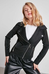 Kelebek Yaka Suni Süet Biker Ceket - 4