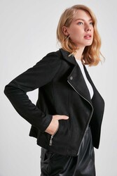 Kelebek Yaka Suni Süet Biker Ceket - 7