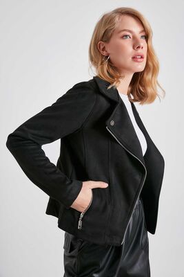 Kelebek Yaka Suni Süet Biker Ceket - Thumbnail (6)