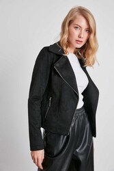 Kelebek Yaka Suni Süet Biker Ceket - 5