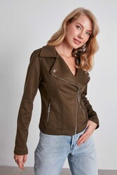 Kelebek Yaka Suni Süet Biker Ceket - 34