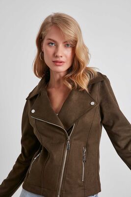 Kelebek Yaka Suni Süet Biker Ceket - 32