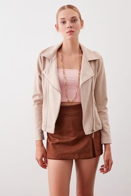 Kelebek Yaka Suni Süet Biker Ceket - Thumbnail (15)