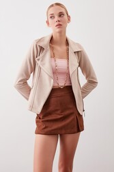 Kelebek Yaka Suni Süet Biker Ceket - 18