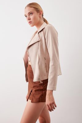 Kelebek Yaka Suni Süet Biker Ceket - Thumbnail (18)