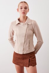 Kelebek Yaka Suni Süet Biker Ceket - 17