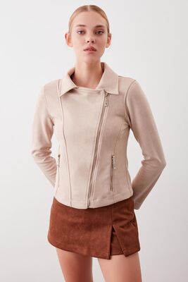 Kelebek Yaka Suni Süet Biker Ceket - Thumbnail (16)