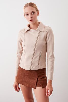 Kelebek Yaka Suni Süet Biker Ceket - Thumbnail (19)