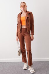 Kelebek Yaka Suni Süet Biker Ceket - 36