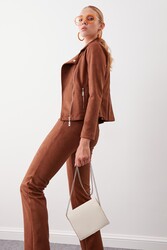 Kelebek Yaka Suni Süet Biker Ceket - 38