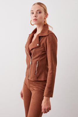 Kelebek Yaka Suni Süet Biker Ceket - 40