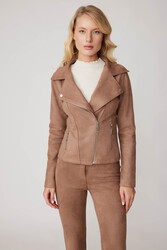 Kelebek Yaka Suni Süet Biker Ceket - 15