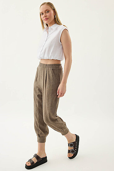 Kendinden Desenli Beli Lastikli Pileli Havuç Pantolon - 3