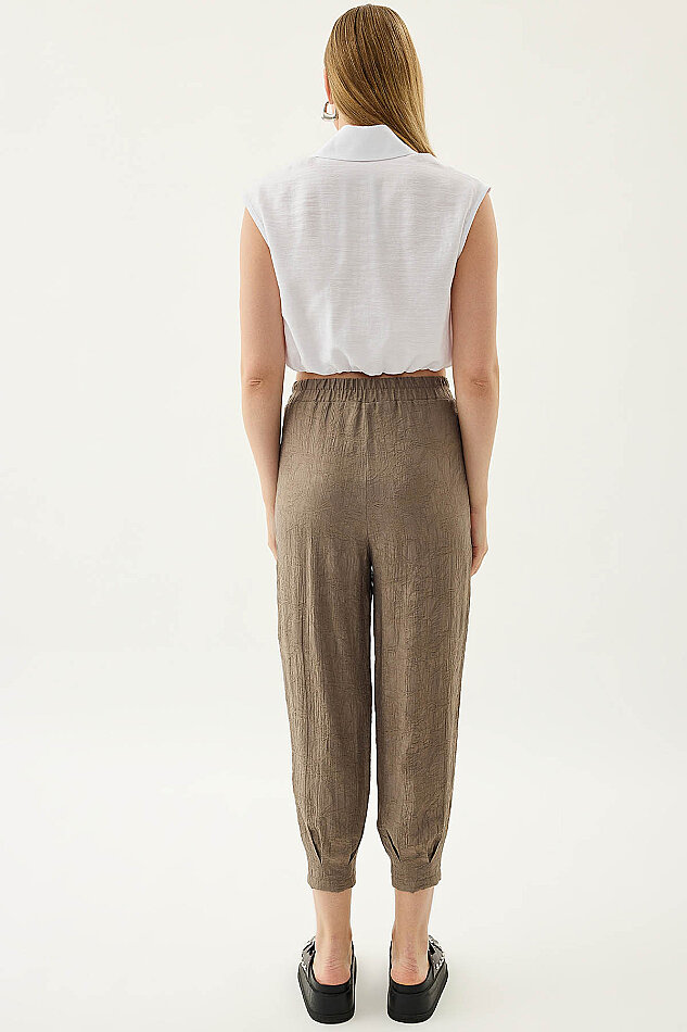 Kendinden Desenli Beli Lastikli Pileli Havuç Pantolon - 5