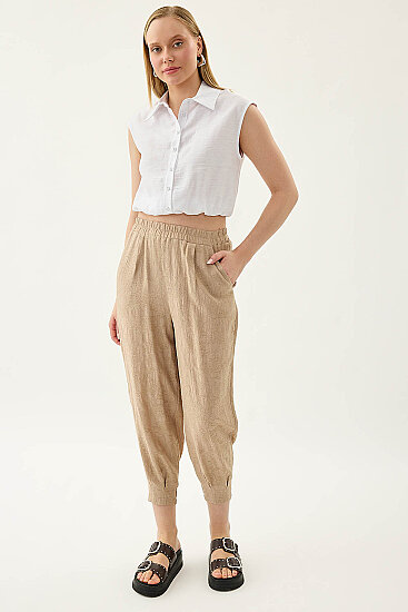 Kendinden Desenli Beli Lastikli Pileli Havuç Pantolon - 7