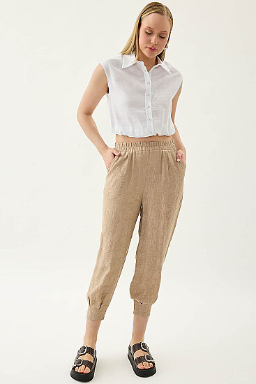 Kendinden Desenli Beli Lastikli Pileli Havuç Pantolon - 8