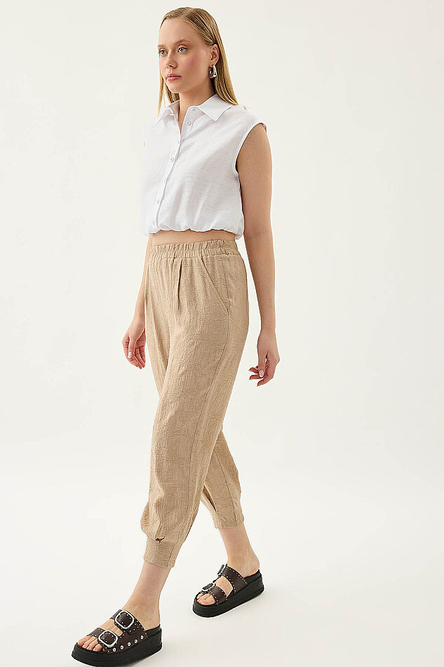 Kendinden Desenli Beli Lastikli Pileli Havuç Pantolon - 10