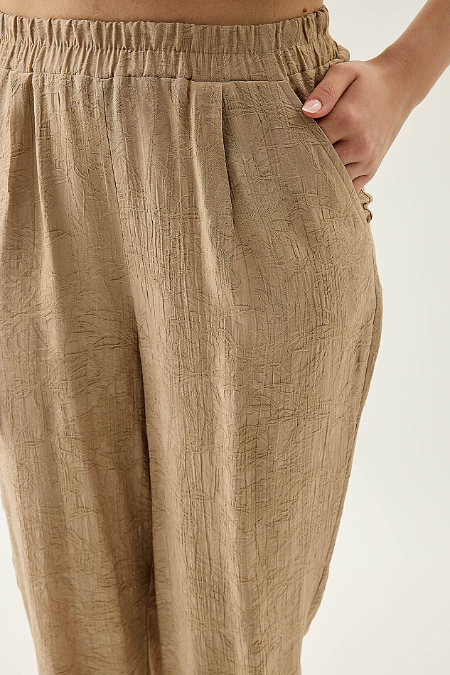 Kendinden Desenli Beli Lastikli Pileli Havuç Pantolon - 11