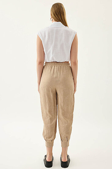 Kendinden Desenli Beli Lastikli Pileli Havuç Pantolon - 9