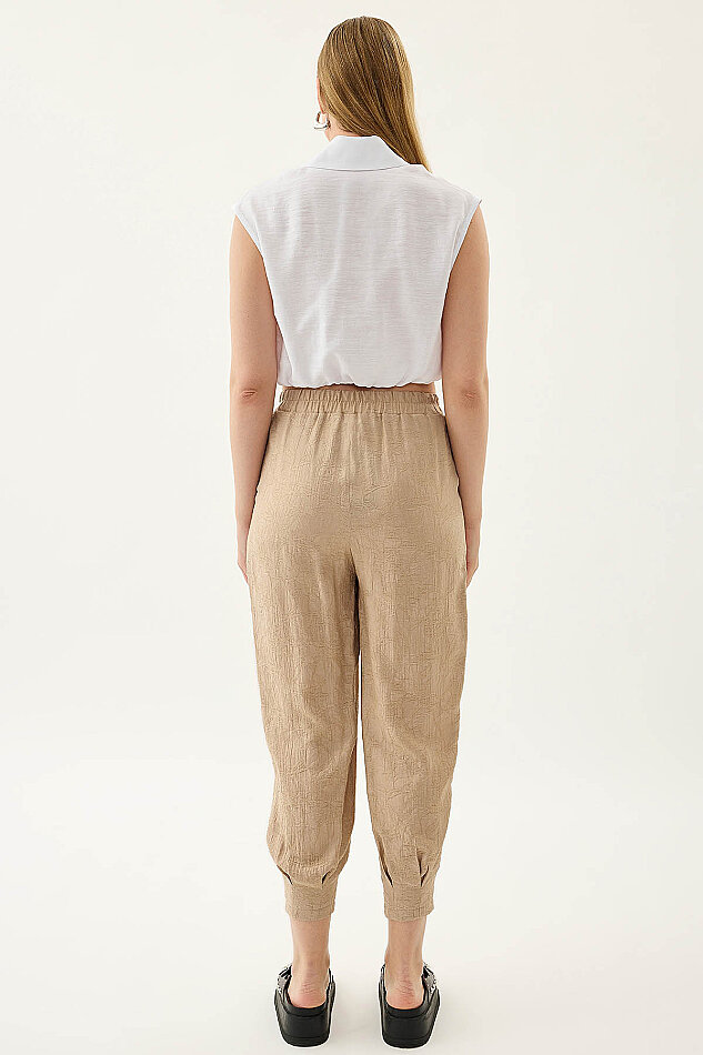 Kendinden Desenli Beli Lastikli Pileli Havuç Pantolon - 9