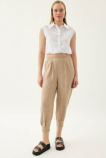 Kendinden Desenli Beli Lastikli Pileli Havuç Pantolon - 6