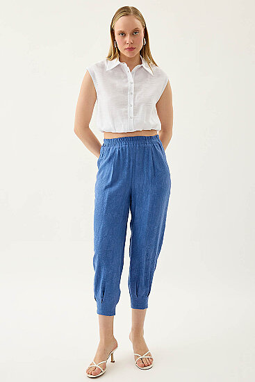 Kendinden Desenli Beli Lastikli Pileli Havuç Pantolon - 13