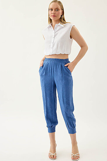 Kendinden Desenli Beli Lastikli Pileli Havuç Pantolon - 14