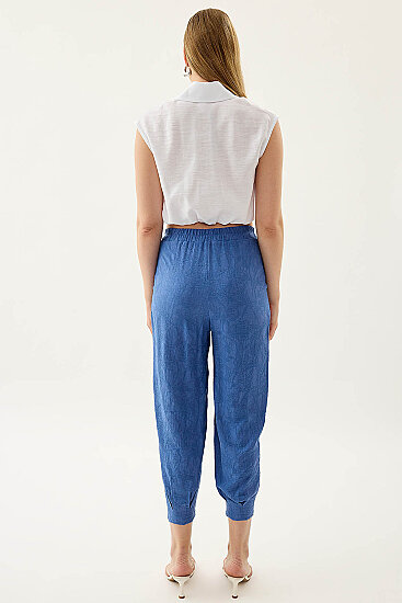 Kendinden Desenli Beli Lastikli Pileli Havuç Pantolon - 16