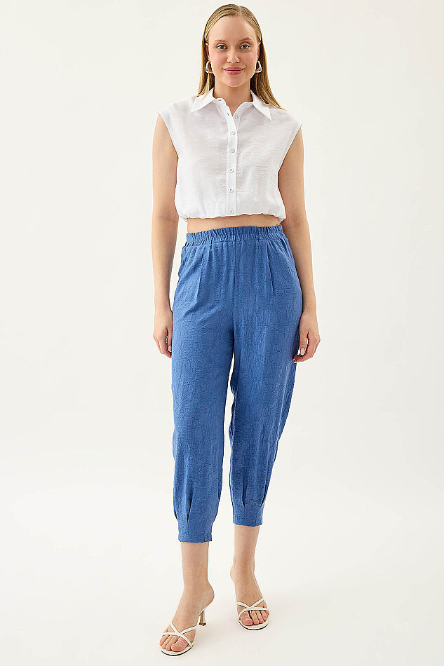 Kendinden Desenli Beli Lastikli Pileli Havuç Pantolon - 12