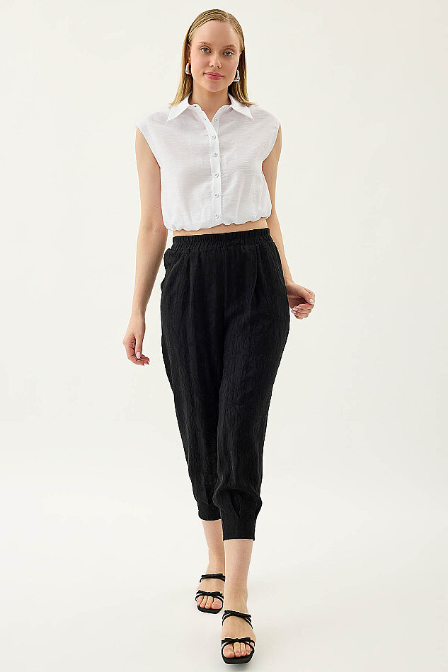 Kendinden Desenli Beli Lastikli Pileli Havuç Pantolon - 18