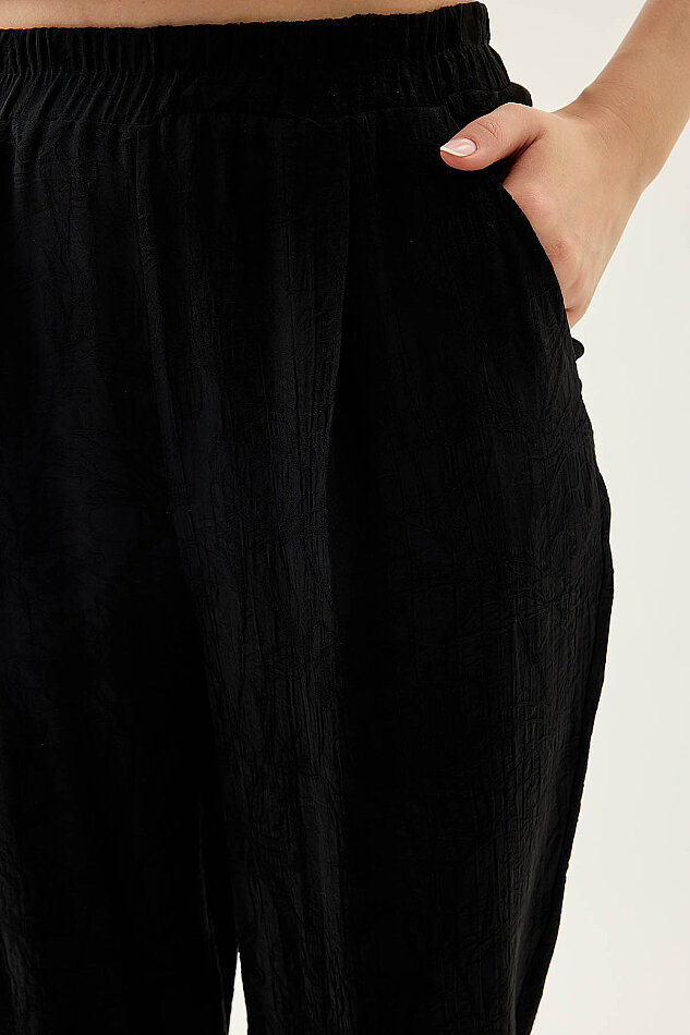 Kendinden Desenli Beli Lastikli Pileli Havuç Pantolon - 20