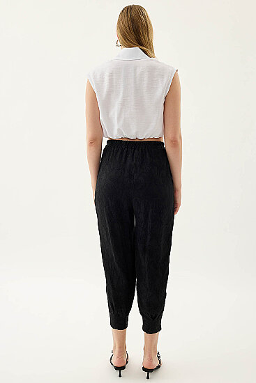 Kendinden Desenli Beli Lastikli Pileli Havuç Pantolon - 21