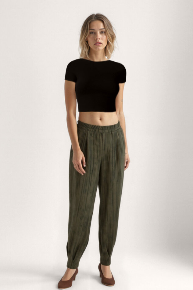 Kendinden Desenli Beli Lastikli Pileli Pantolon - 8