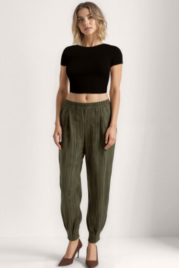 Kendinden Desenli Beli Lastikli Pileli Pantolon - 9