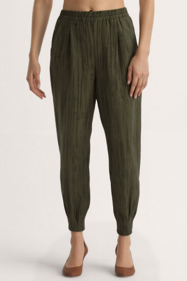 Kendinden Desenli Beli Lastikli Pileli Pantolon - 11