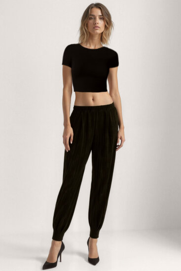 Kendinden Desenli Beli Lastikli Pileli Pantolon - 13