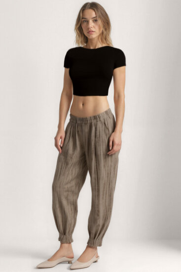 Kendinden Desenli Beli Lastikli Pileli Pantolon - 19